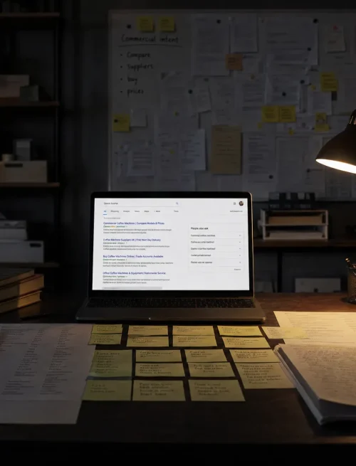 A dark SEO office shows a desk of search queries and a laptop, suggesting how search intent is checked before writing.