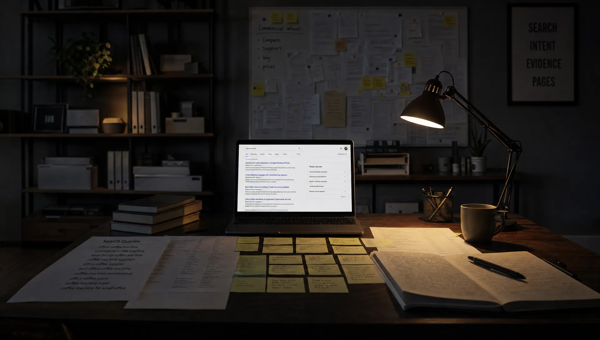 A dark SEO office shows a desk of search queries and a laptop, suggesting how search intent is checked before writing.