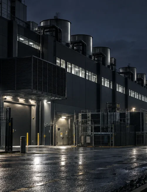 A data-centre building at night houses the servers that host websites, with its ventilation systems and service entrance visible.