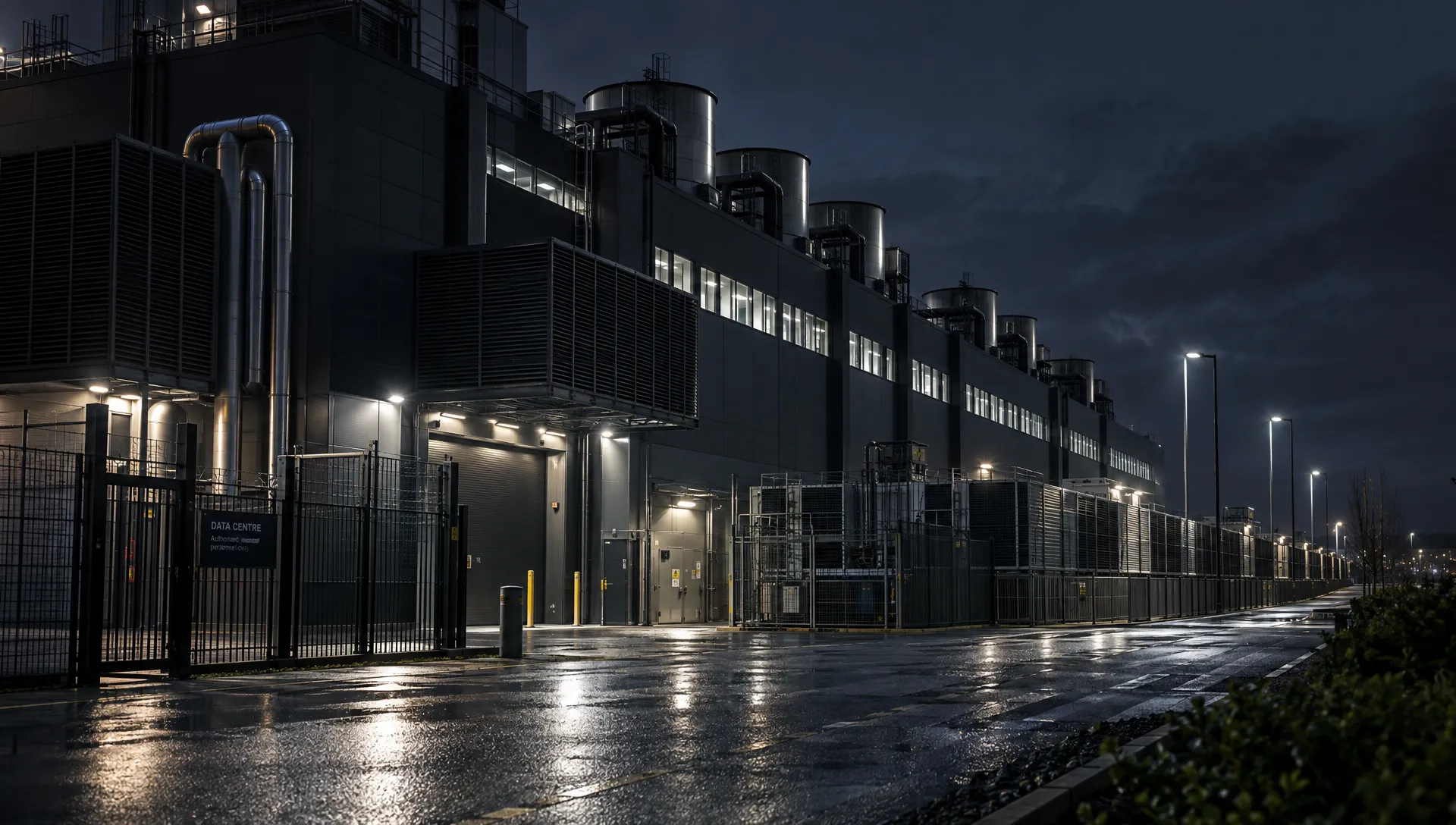 A data-centre building at night houses the servers that host websites, with its ventilation systems and service entrance visible.