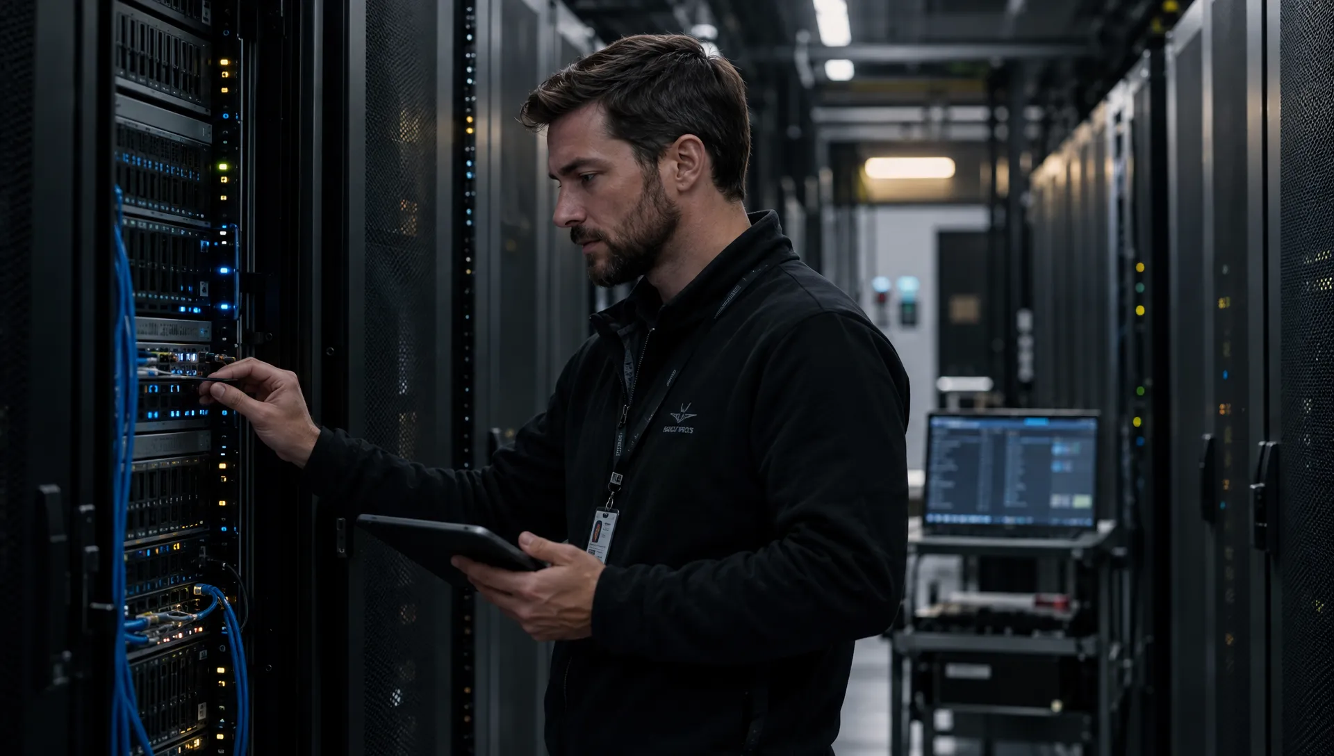 A data-centre technician inspects a server rack along a working equipment aisle, illustrating the hosting infrastructure behind WordPress site performance.