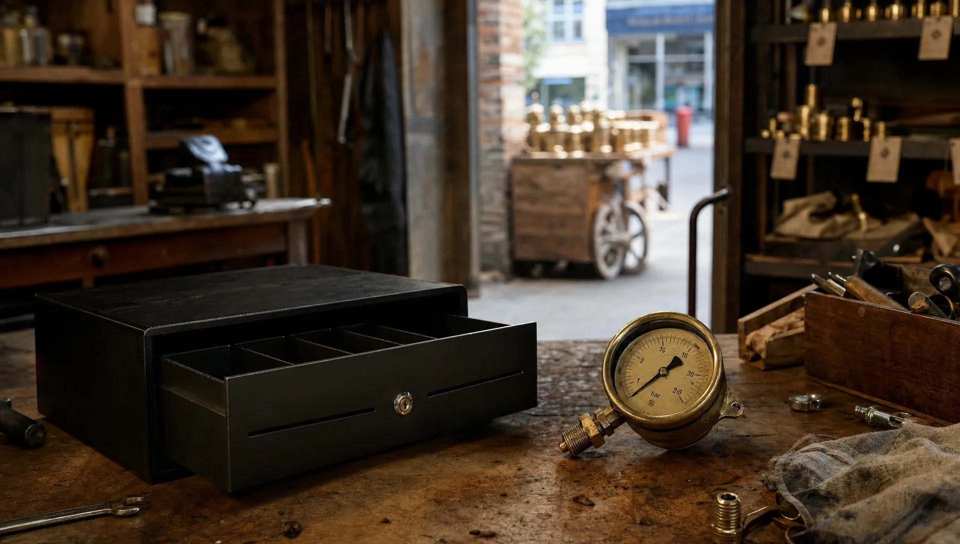 A disconnected brass gauge sits beside an empty cash drawer on a workshop bench, with tools and finished customer orders visible through the open doorway.