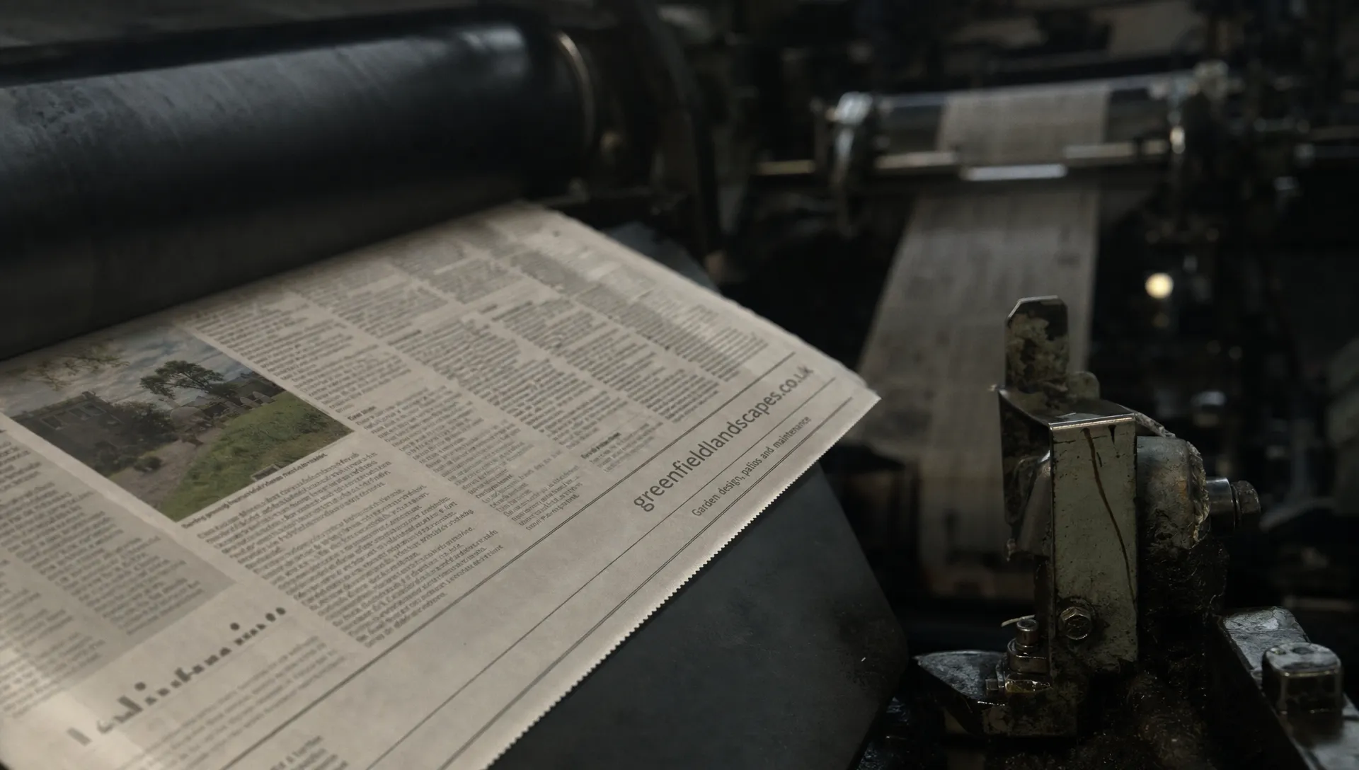 A local business’s web address appears in a newspaper article emerging from a printing press, a real-world example of one referring domain linking to a website.