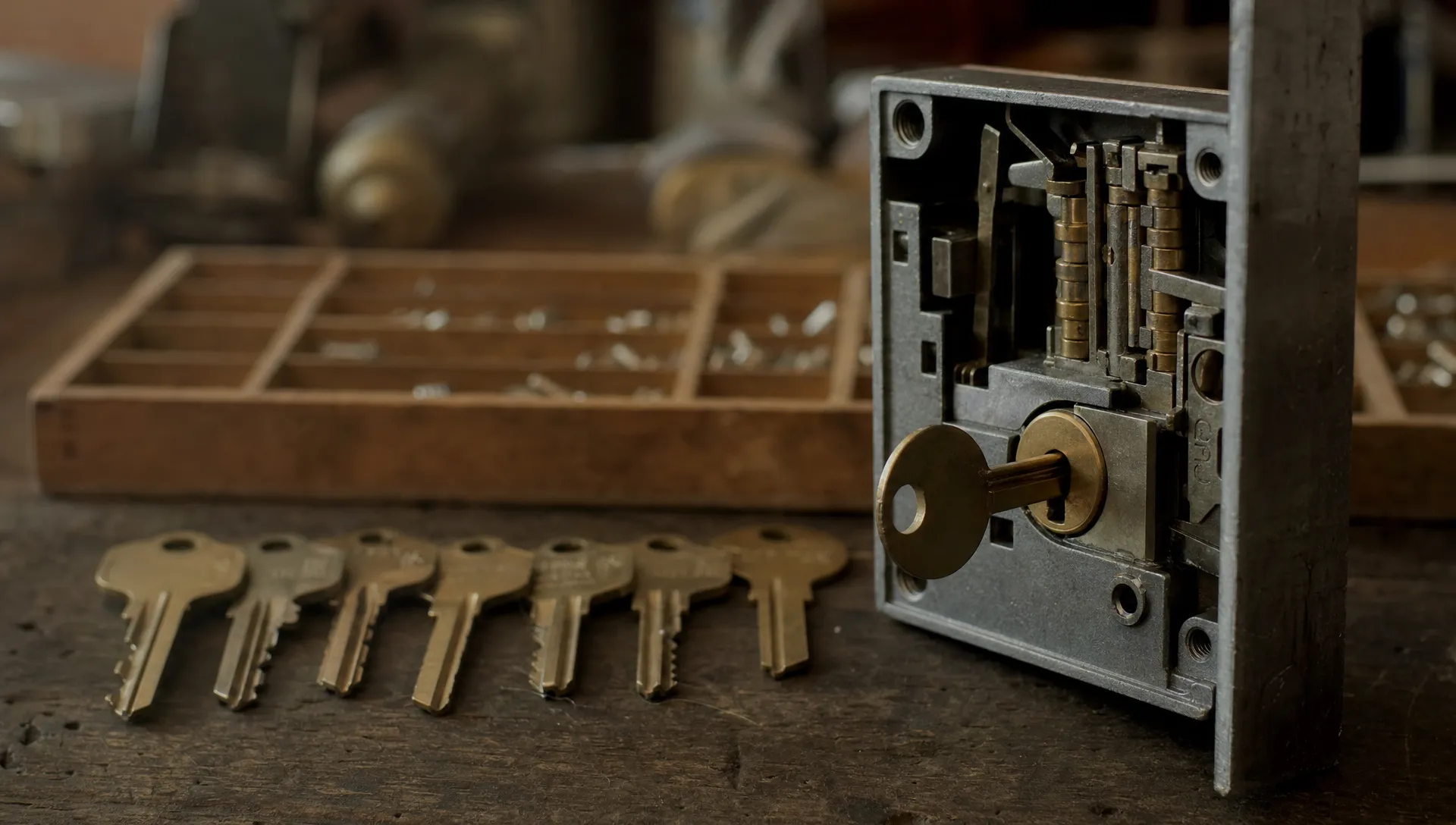 A locksmith’s workbench holds a row of unused keys beside one small brass key fitted into an open lock, showing a specific search matching a specific need.