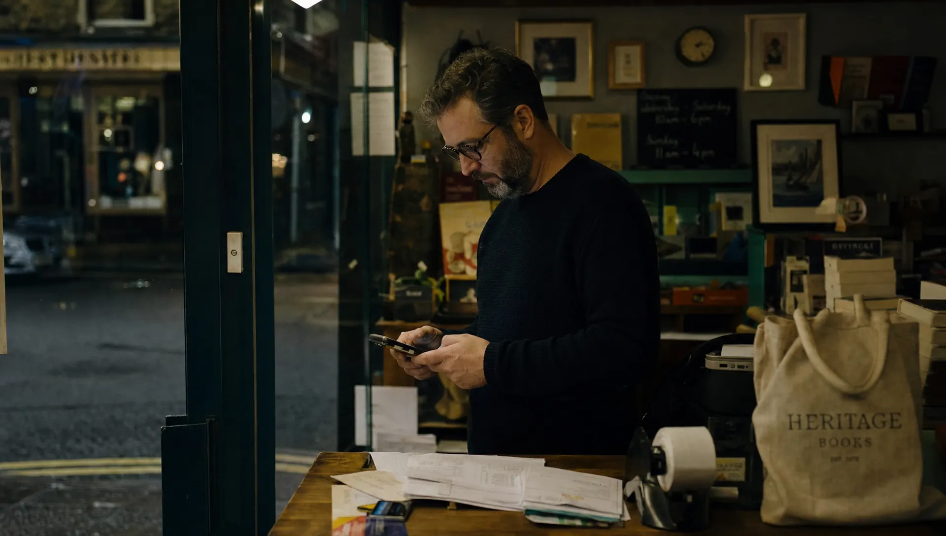 A shop owner checks business details on a phone beside invoices and receipts after closing time.