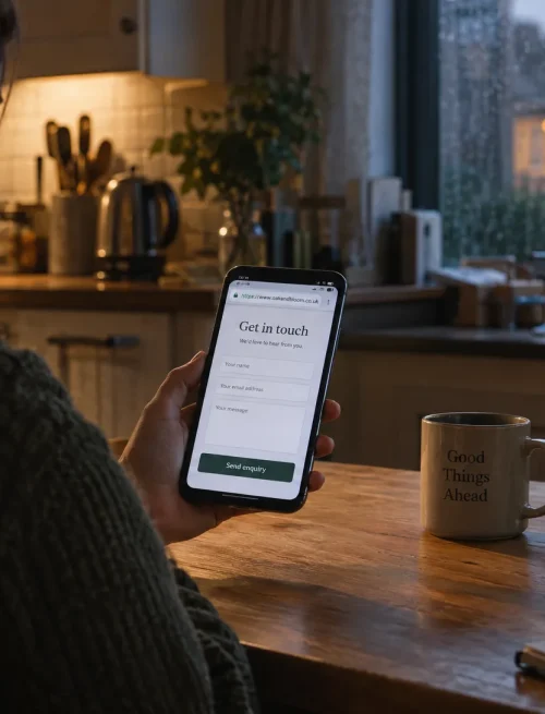 A small-business owner checks a secure enquiry page on a phone at the kitchen table.