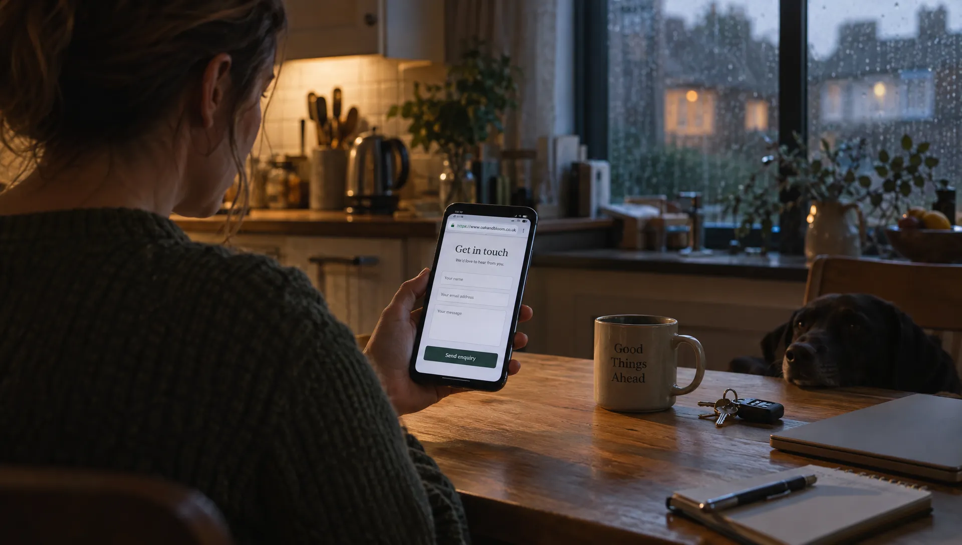 A small-business owner checks a secure enquiry page on a phone at the kitchen table.