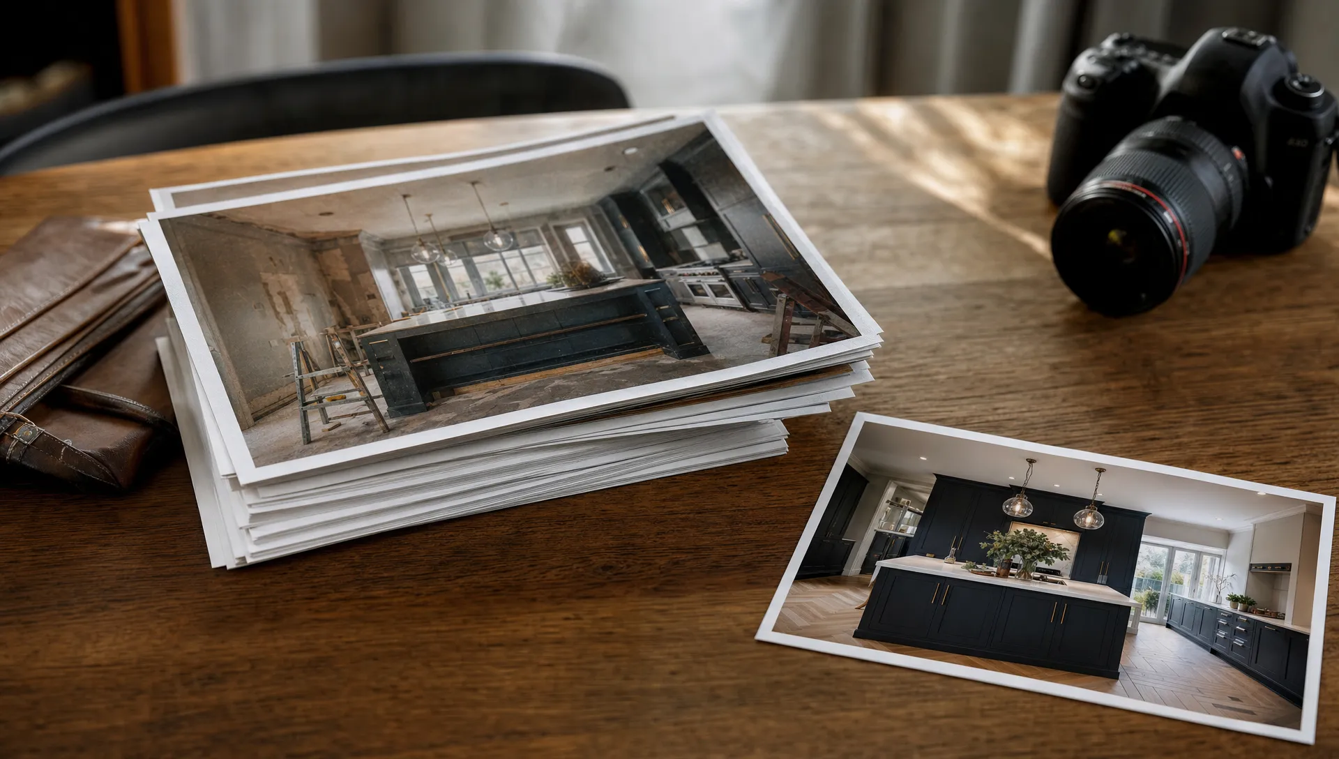 A stack of oversized renovation photos sits beside one crisp print of the same finished kitchen, showing the value of smaller website image files.