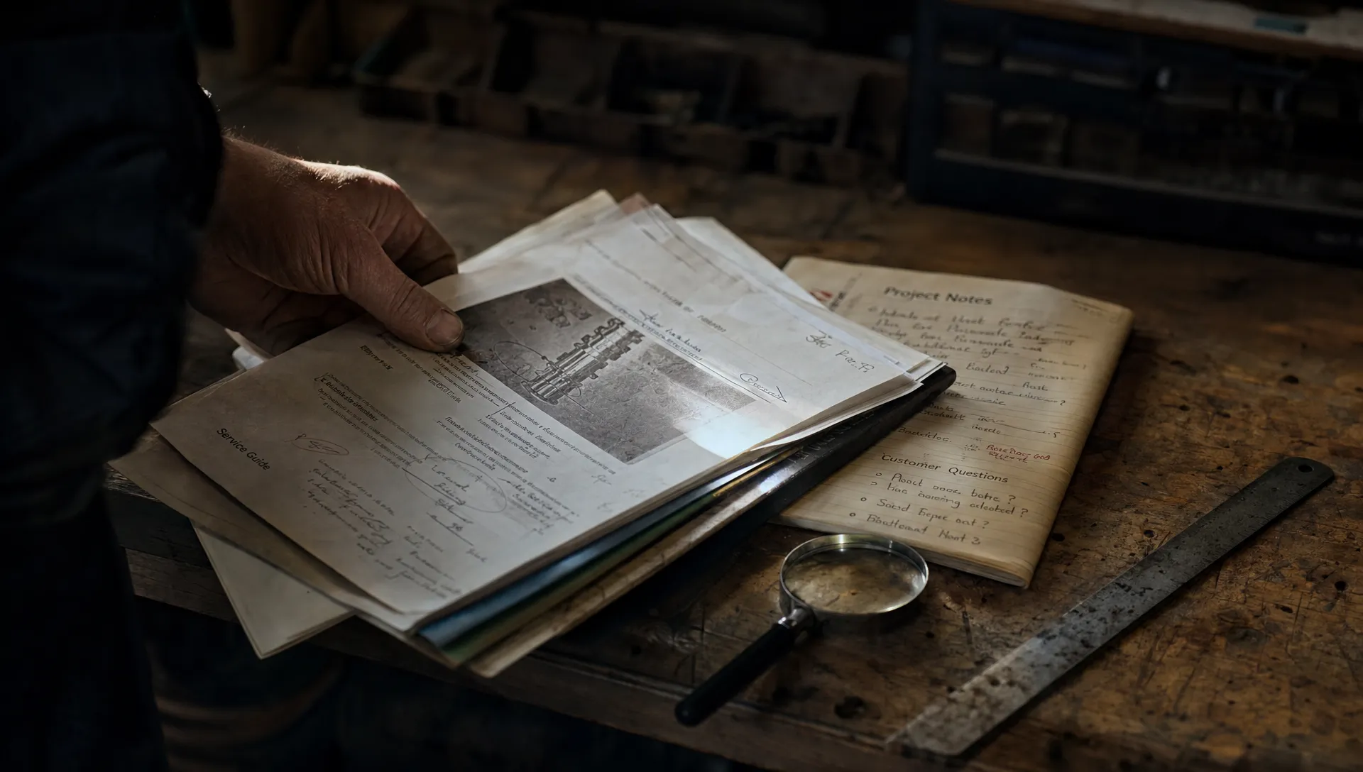 A technician’s hand over service notes and customer questions shows topical authority being built from real, useful depth.