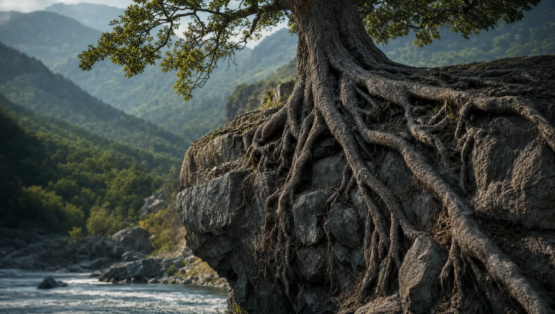 A tree with roots gripping exposed rock above a river shows topical authority built through depth and connected knowledge.