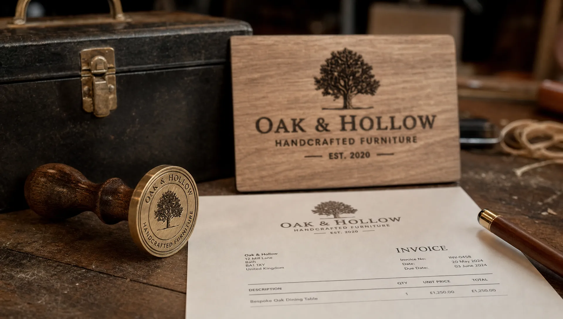 A workshop bench holds a brass maker's stamp beside a toolbox, printed invoice and wooden business sign with the same mark, showing consistent business identity.