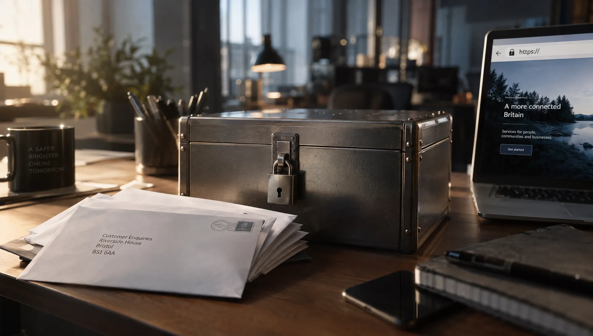 Customer enquiry letters sit inside a closed metal case on a working office counter, illustrating how HTTPS protects information travelling to a website.